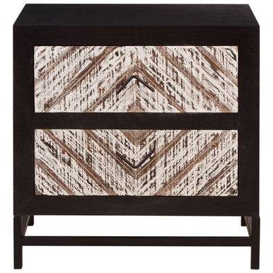 Black Wooden 2-Drawer Bedside Table With Chevron Pattern Drawer Fronts & Metal Handles, Lombok