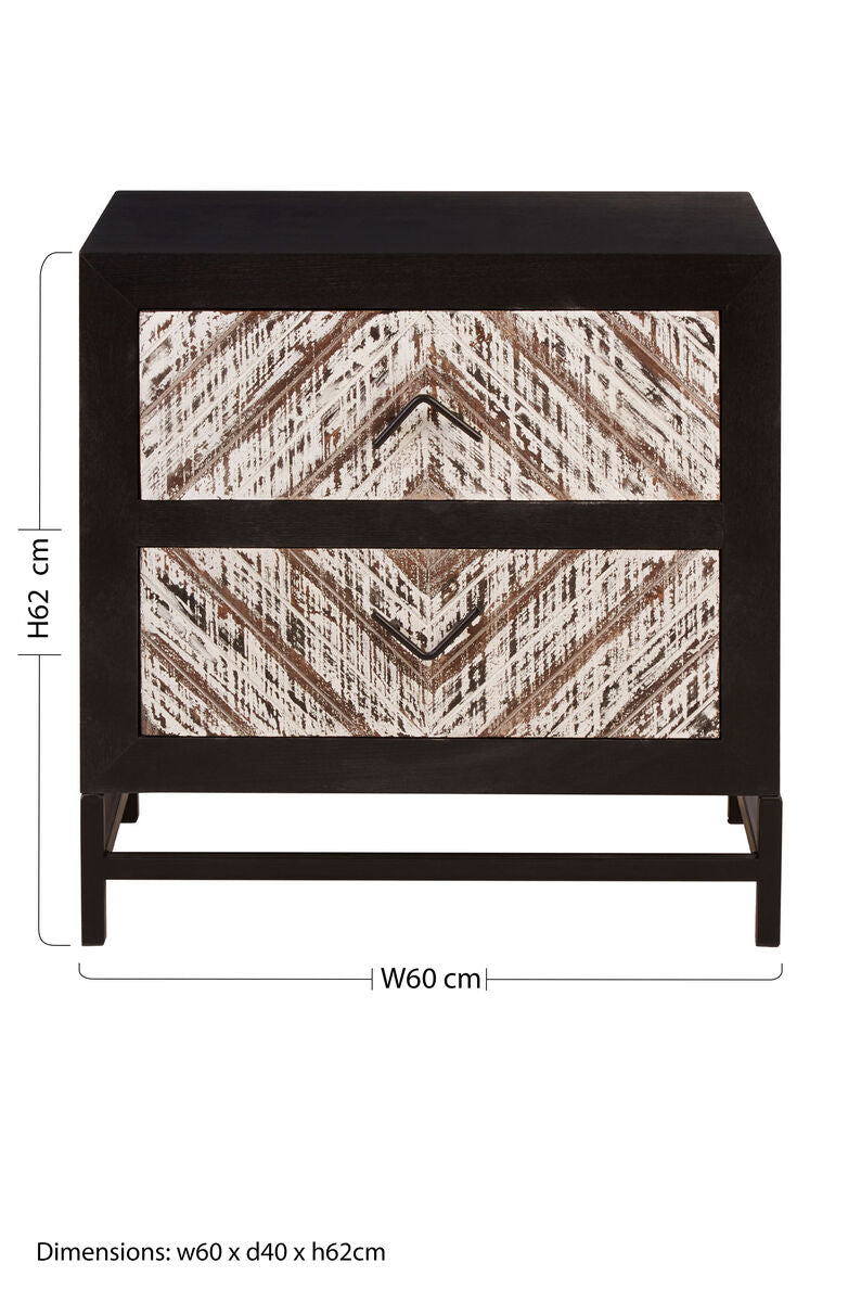 Black Wooden 2-Drawer Bedside Table With Chevron Pattern Drawer Fronts & Metal Handles, Lombok