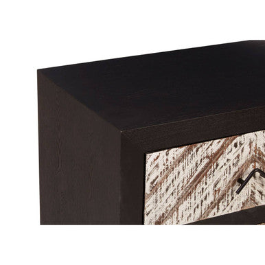 Black Wooden 2-Drawer Bedside Table With Chevron Pattern Drawer Fronts & Metal Handles, Lombok