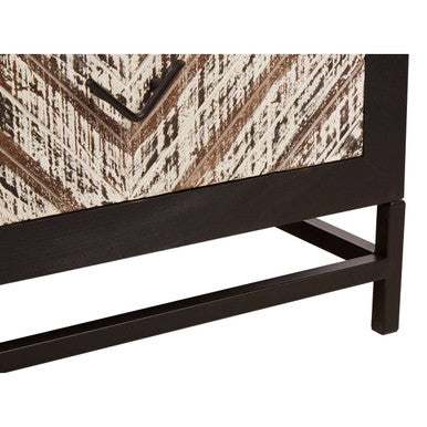 Black Wooden 2-Drawer Bedside Table With Chevron Pattern Drawer Fronts & Metal Handles, Lombok