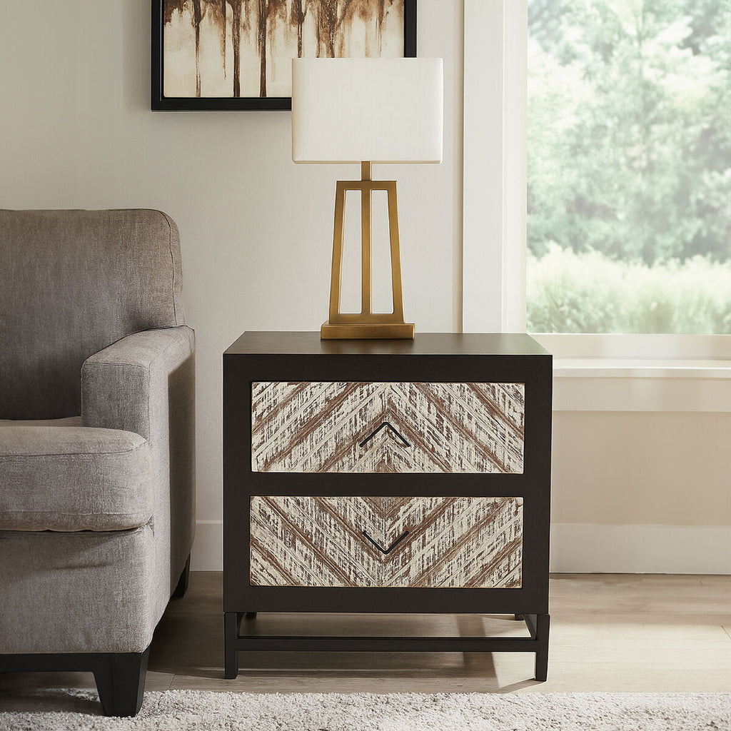 Black Wooden 2-Drawer Bedside Table With Chevron Pattern Drawer Fronts & Metal Handles, Lombok