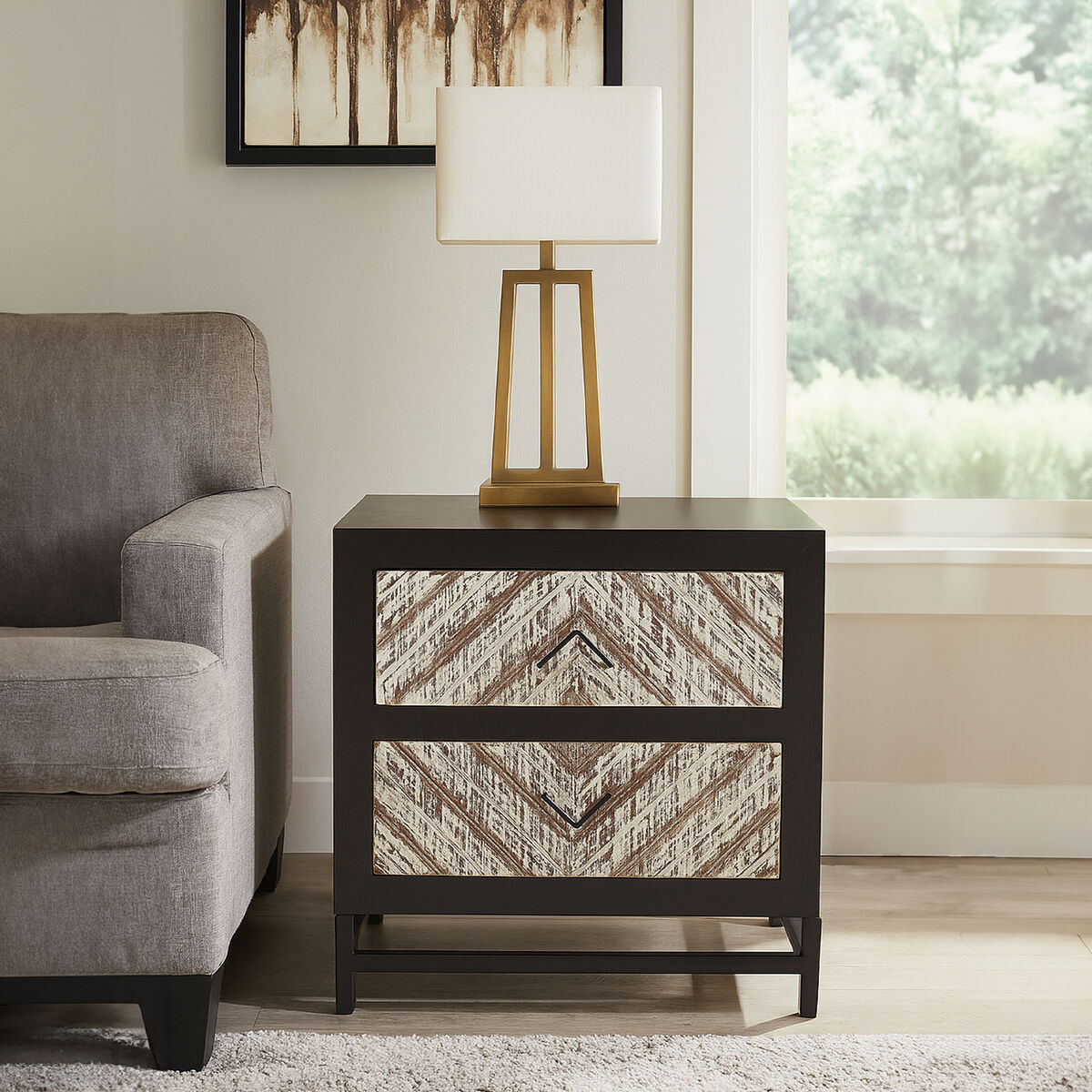 Black Wooden 2-Drawer Bedside Table With Chevron Pattern Drawer Fronts & Metal Handles, Lombok