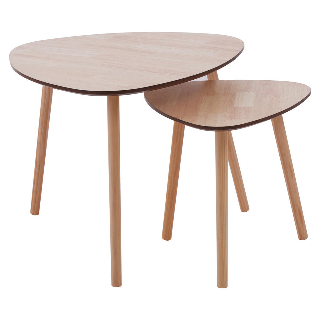 Set Of 2 Natural Wooden Nesting Side Tables With Tripod Legs & Rounded Triangle Tops, Rostok
