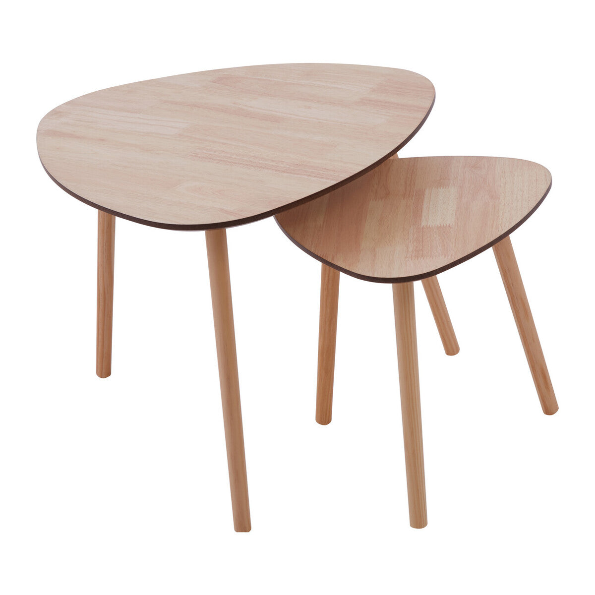 Set Of 2 Natural Wooden Nesting Side Tables With Tripod Legs & Rounded Triangle Tops, Rostok