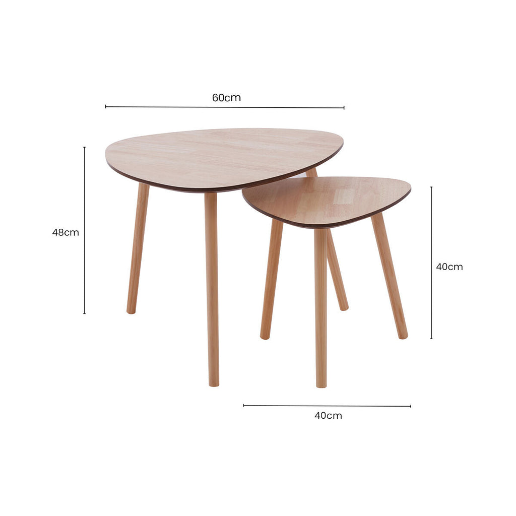Set Of 2 Natural Wooden Nesting Side Tables With Tripod Legs & Rounded Triangle Tops, Rostok