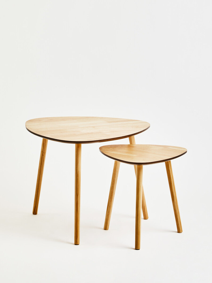 Set Of 2 Natural Wooden Nesting Side Tables With Tripod Legs & Rounded Triangle Tops, Rostok
