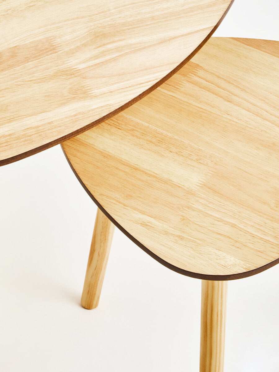 Set Of 2 Natural Wooden Nesting Side Tables With Tripod Legs & Rounded Triangle Tops, Rostok
