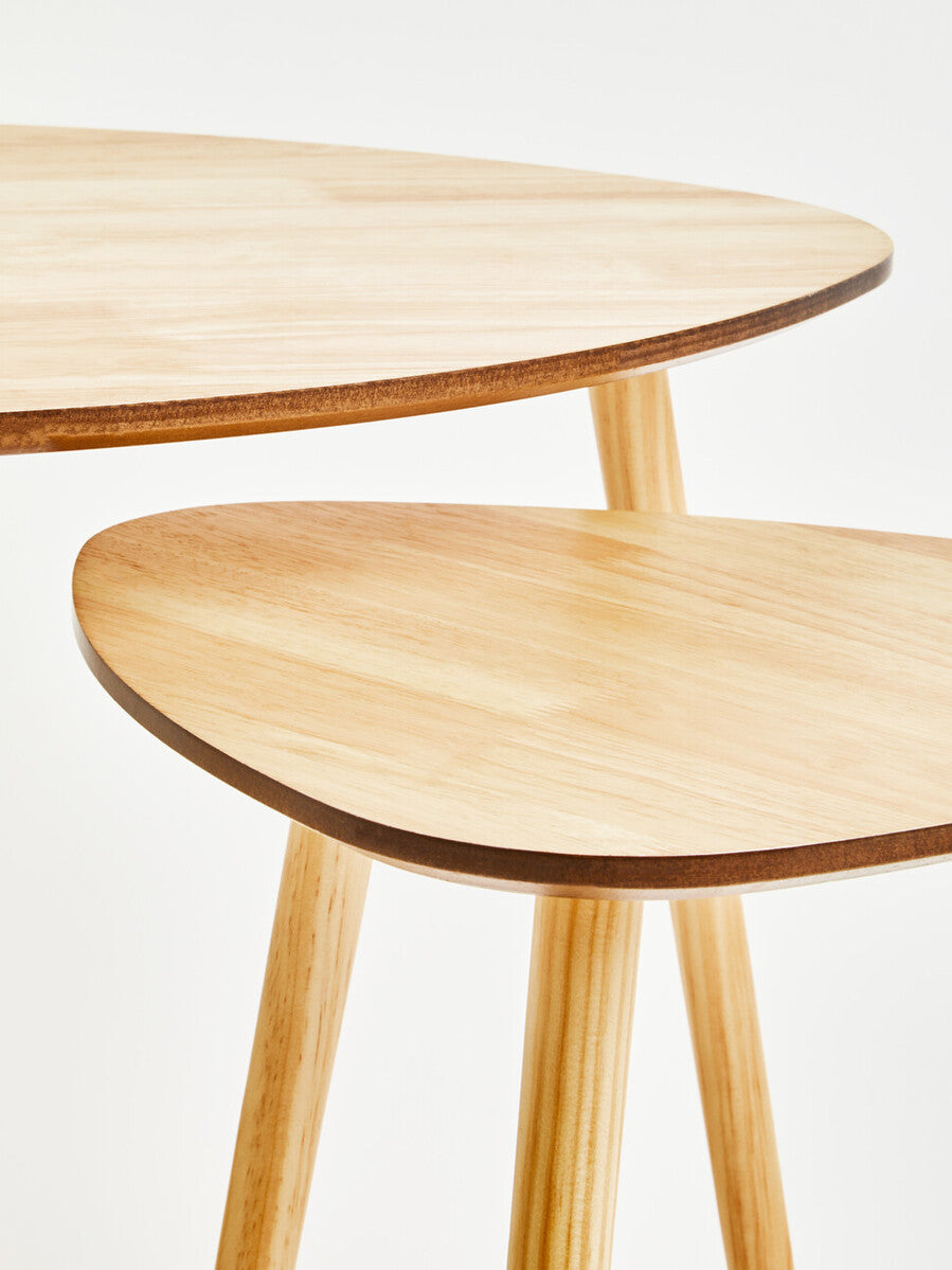 Set Of 2 Natural Wooden Nesting Side Tables With Tripod Legs & Rounded Triangle Tops, Rostok