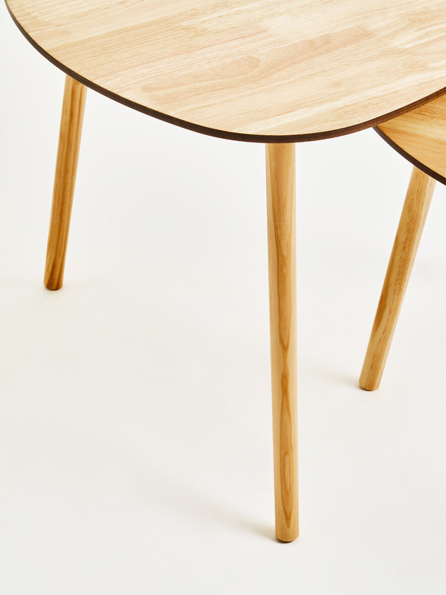 Set Of 2 Natural Wooden Nesting Side Tables With Tripod Legs & Rounded Triangle Tops, Rostok