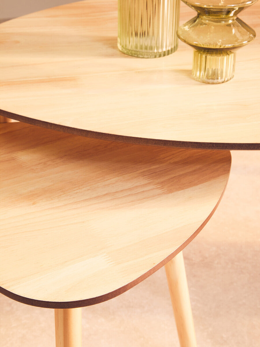 Set Of 2 Natural Wooden Nesting Side Tables With Tripod Legs & Rounded Triangle Tops, Rostok