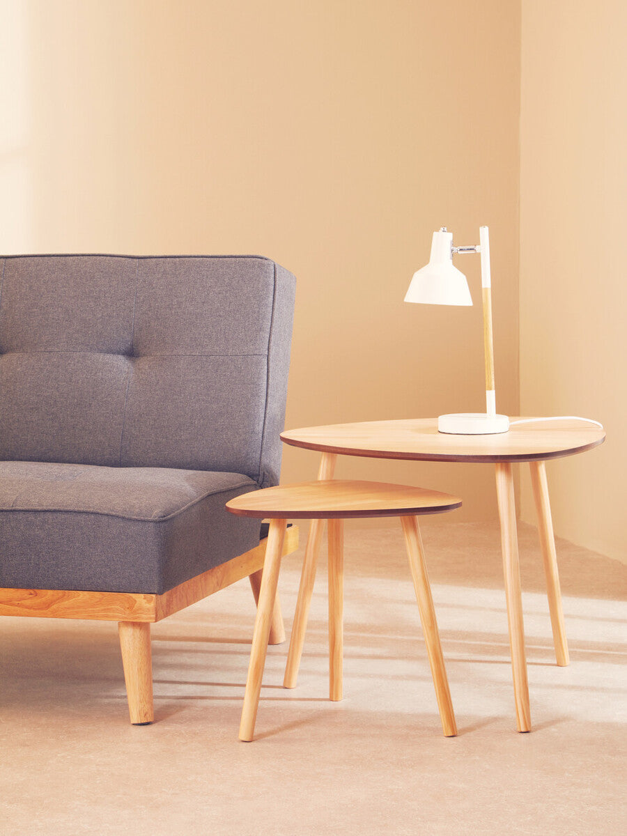Set Of 2 Natural Wooden Nesting Side Tables With Tripod Legs & Rounded Triangle Tops, Rostok
