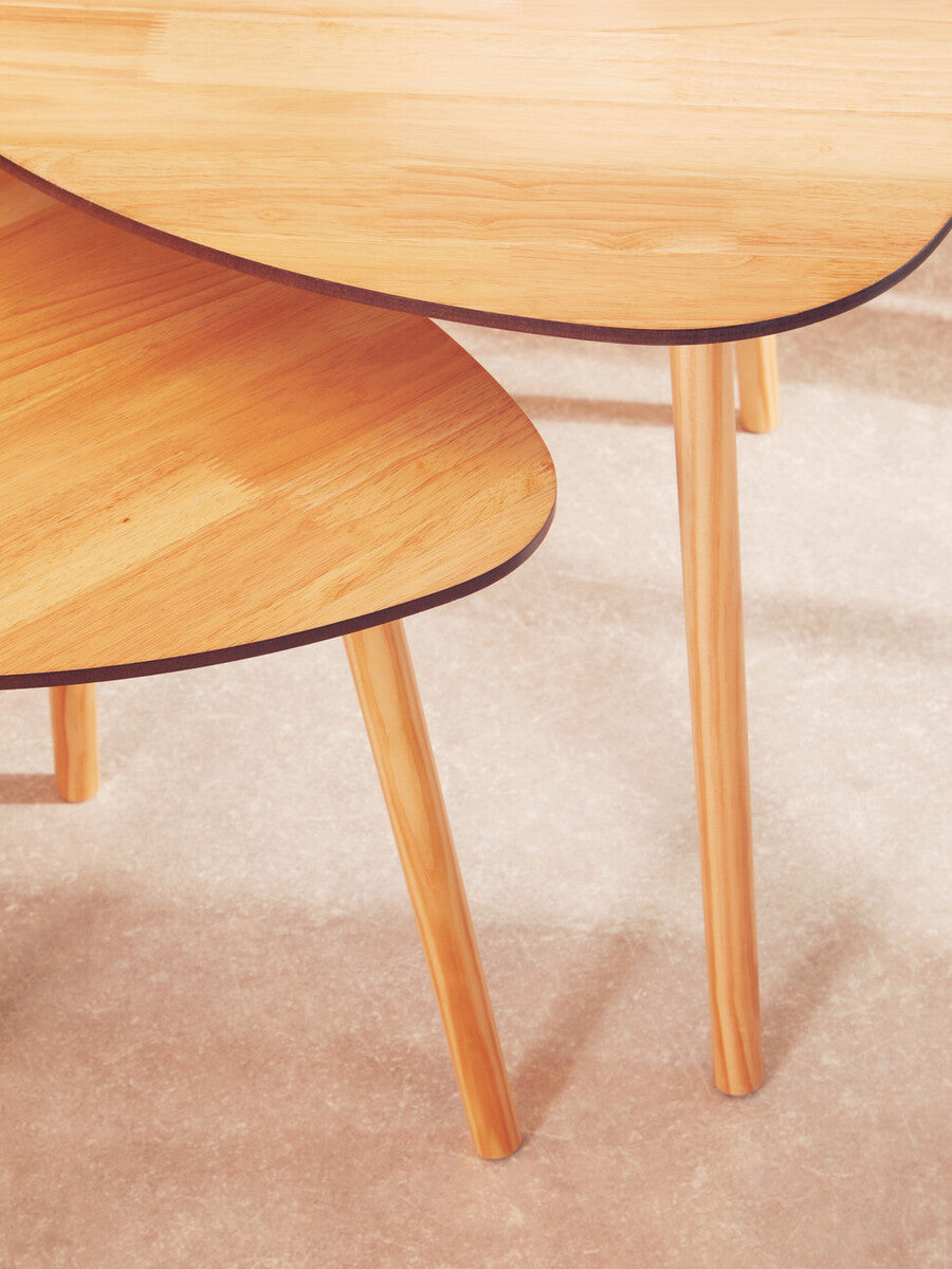 Set Of 2 Natural Wooden Nesting Side Tables With Tripod Legs & Rounded Triangle Tops, Rostok