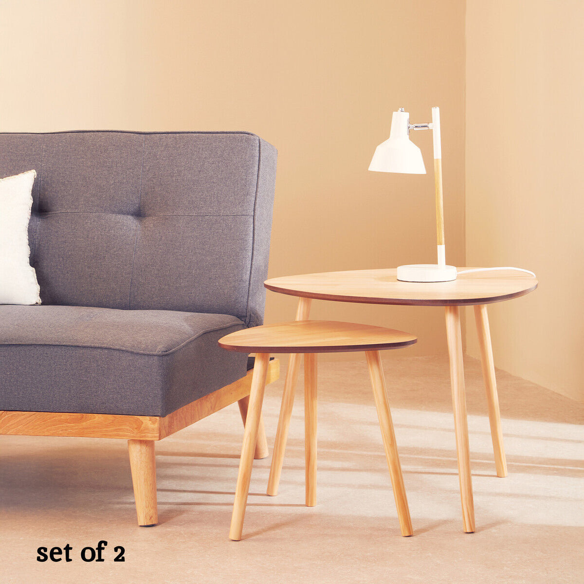Set Of 2 Natural Wooden Nesting Side Tables With Tripod Legs & Rounded Triangle Tops, Rostok