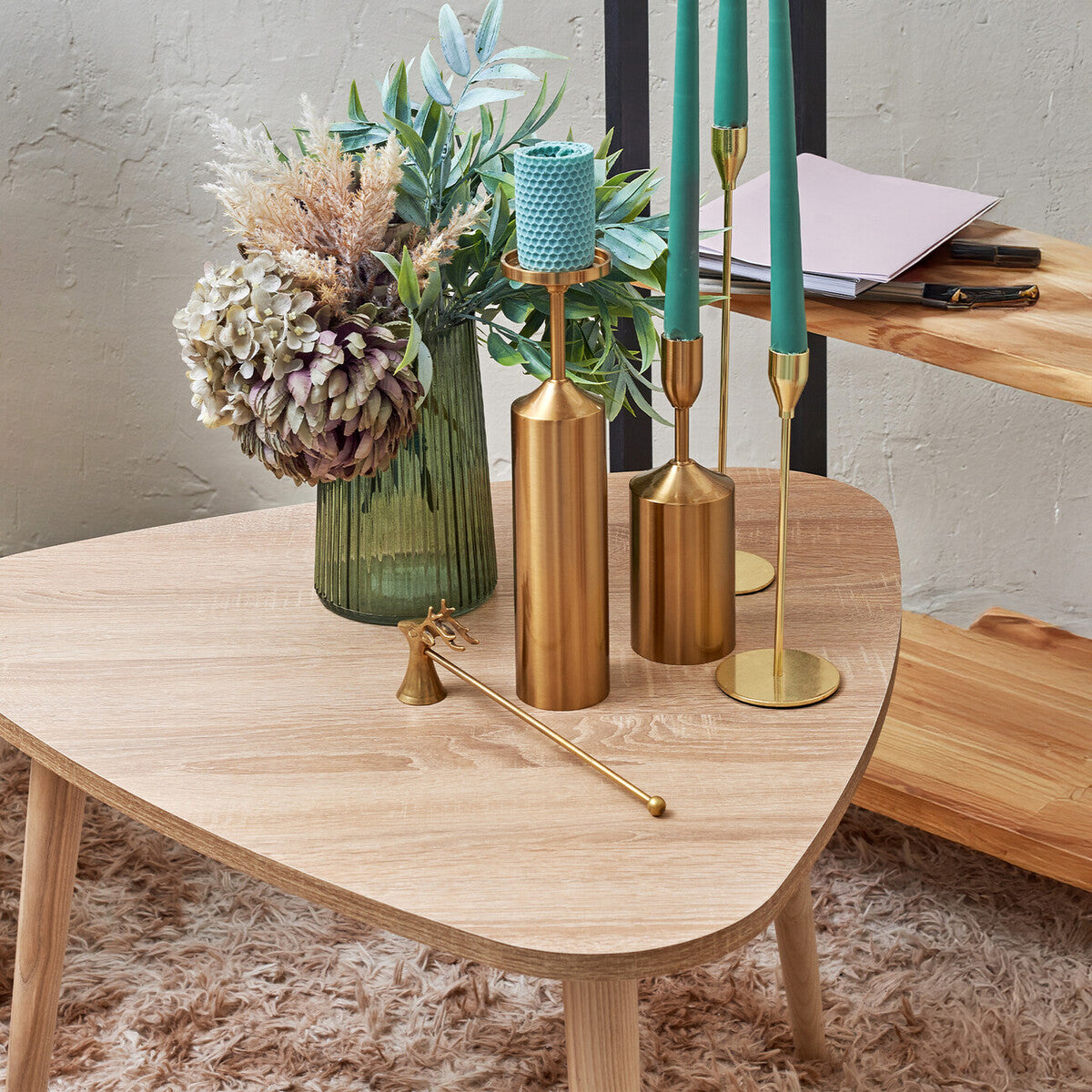 Set Of 2 Natural Wooden Nesting Side Tables With Tripod Legs & Rounded Triangle Tops, Rostok