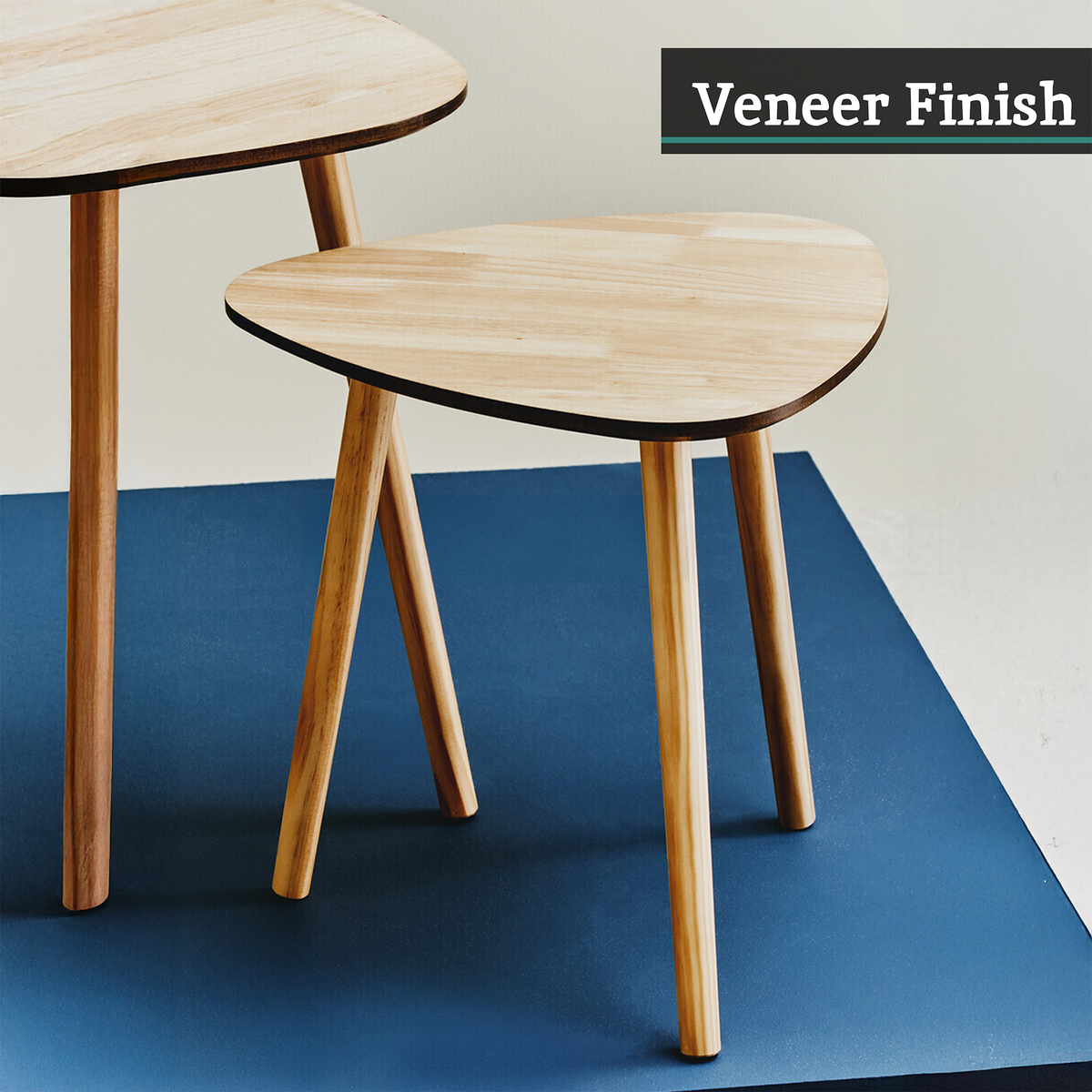 Set Of 2 Natural Wooden Nesting Side Tables With Tripod Legs & Rounded Triangle Tops, Rostok
