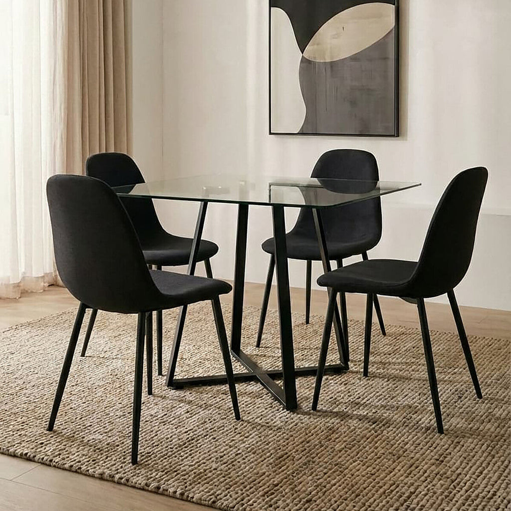 Clear Glass Top & Matte Black Square Steel Dining Table, Metropolitan