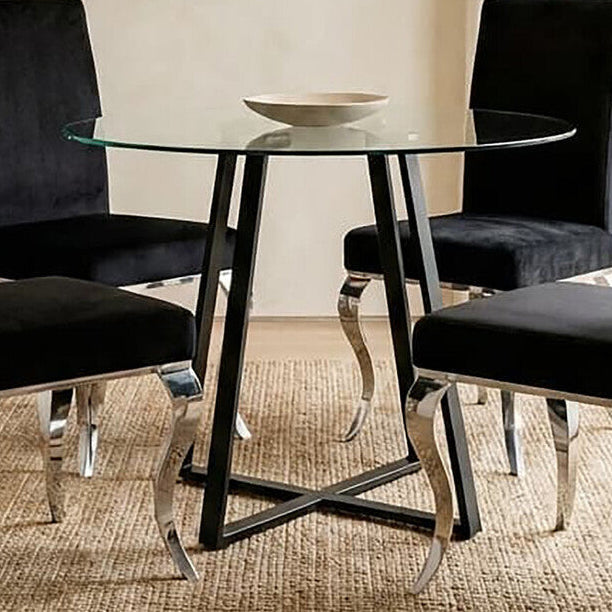 Clear Glass Top Matte Black Lattice Steel Dining Table, Metropolitan