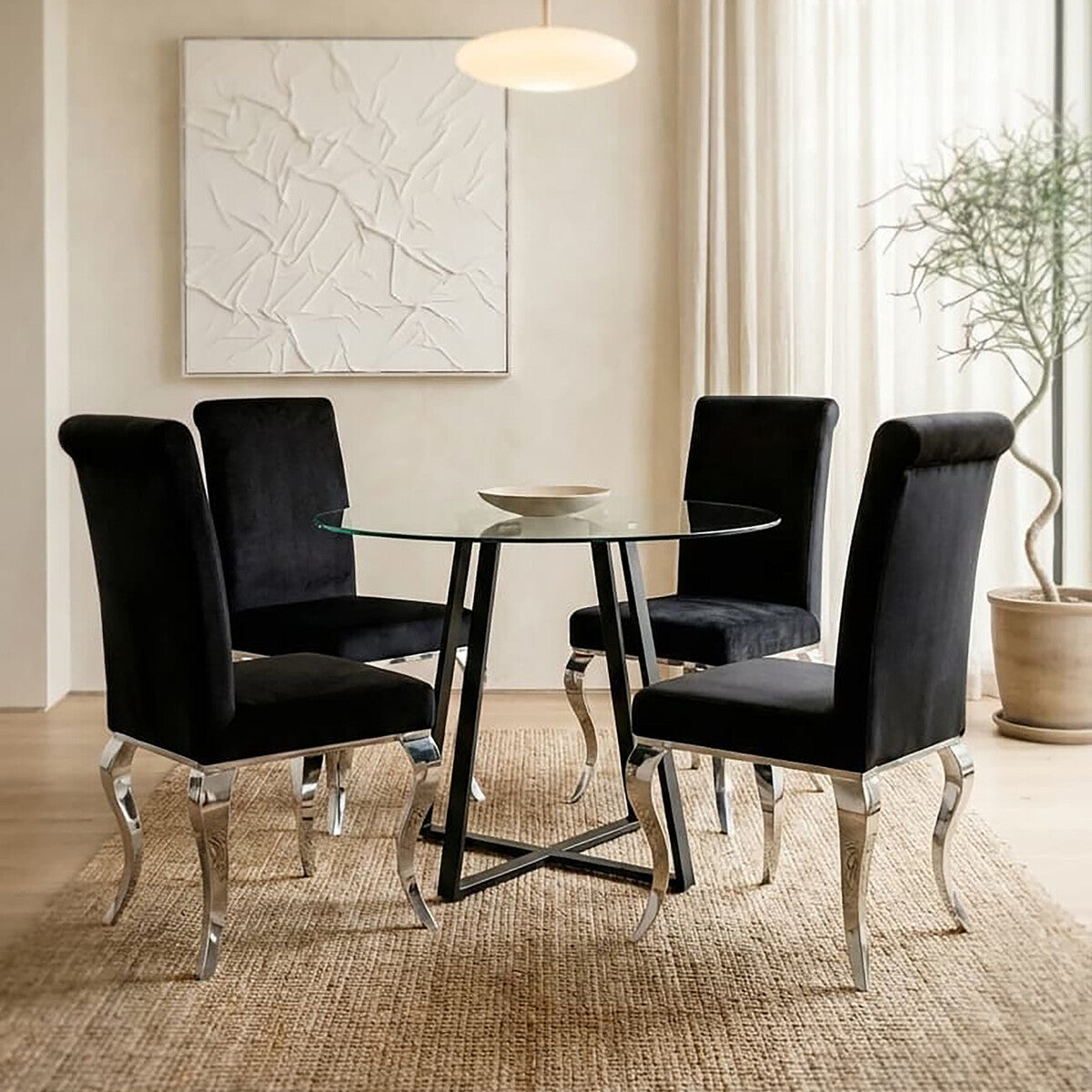 Clear Glass Top Matte Black Lattice Steel Dining Table, Metropolitan