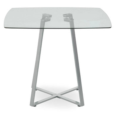 Clear Glass Top & Matte Grey Steel Square Dining Table, Metropolitan