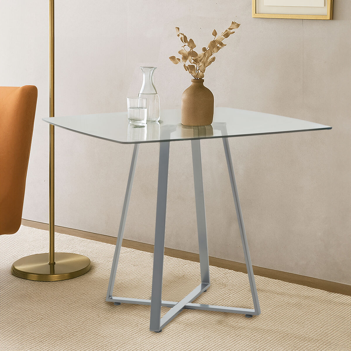 Clear Glass Top & Matte Grey Steel Square Dining Table, Metropolitan
