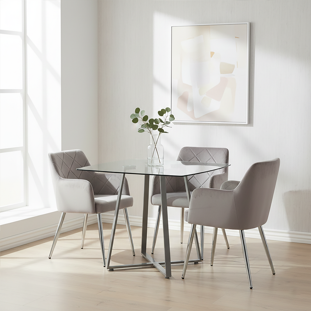 Clear Glass Top & Matte Grey Steel Square Dining Table, Metropolitan