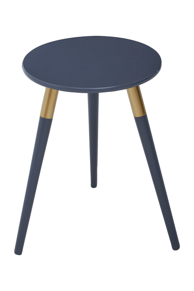 Dark Grey Round Top Wooden Side Table With Natural Wood Legs & Gold Trim, Nostra