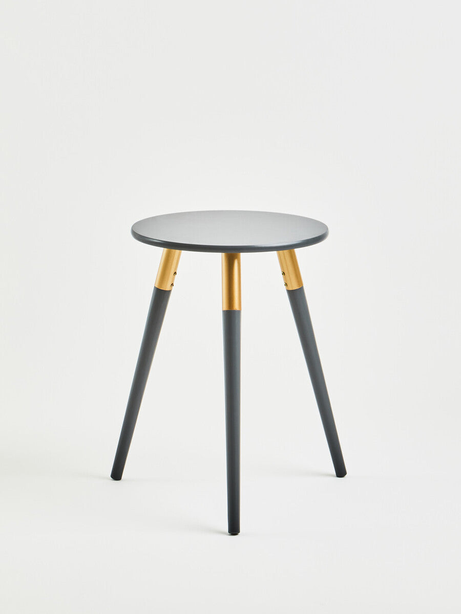 Dark Grey Round Top Wooden Side Table With Natural Wood Legs & Gold Trim, Nostra