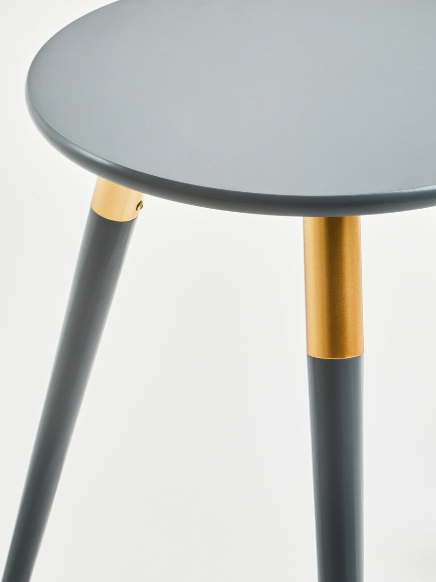Dark Grey Round Top Wooden Side Table With Natural Wood Legs & Gold Trim, Nostra