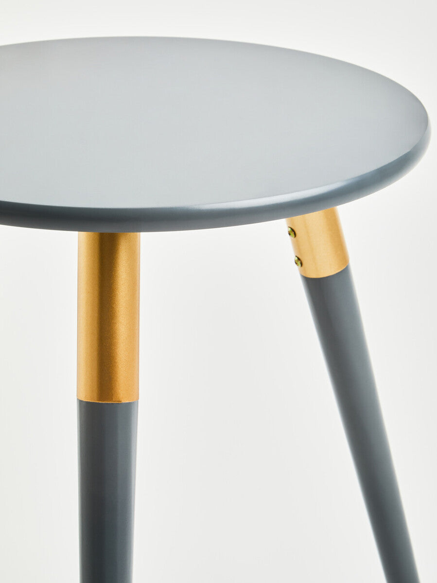 Dark Grey Round Top Wooden Side Table With Natural Wood Legs & Gold Trim, Nostra