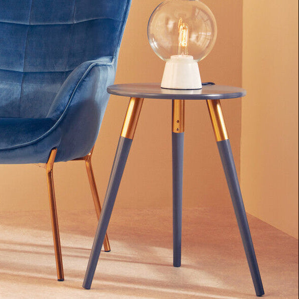 Dark Grey Round Top Wooden Side Table With Natural Wood Legs & Gold Trim, Nostra