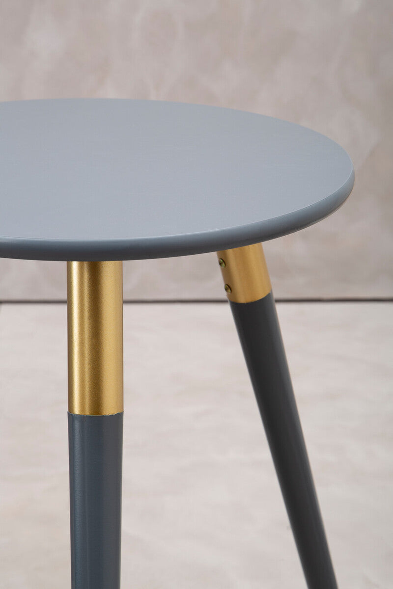 Dark Grey Round Top Wooden Side Table With Natural Wood Legs & Gold Trim, Nostra