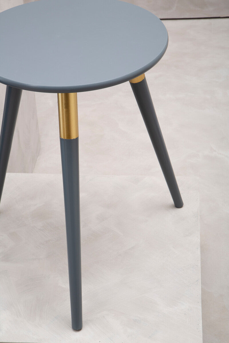 Dark Grey Round Top Wooden Side Table With Natural Wood Legs & Gold Trim, Nostra