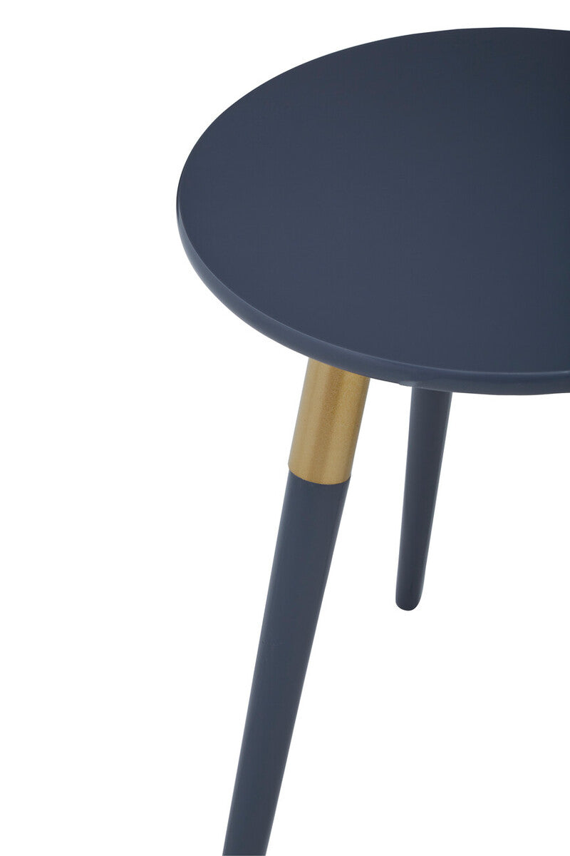Dark Grey Round Top Wooden Side Table With Natural Wood Legs & Gold Trim, Nostra