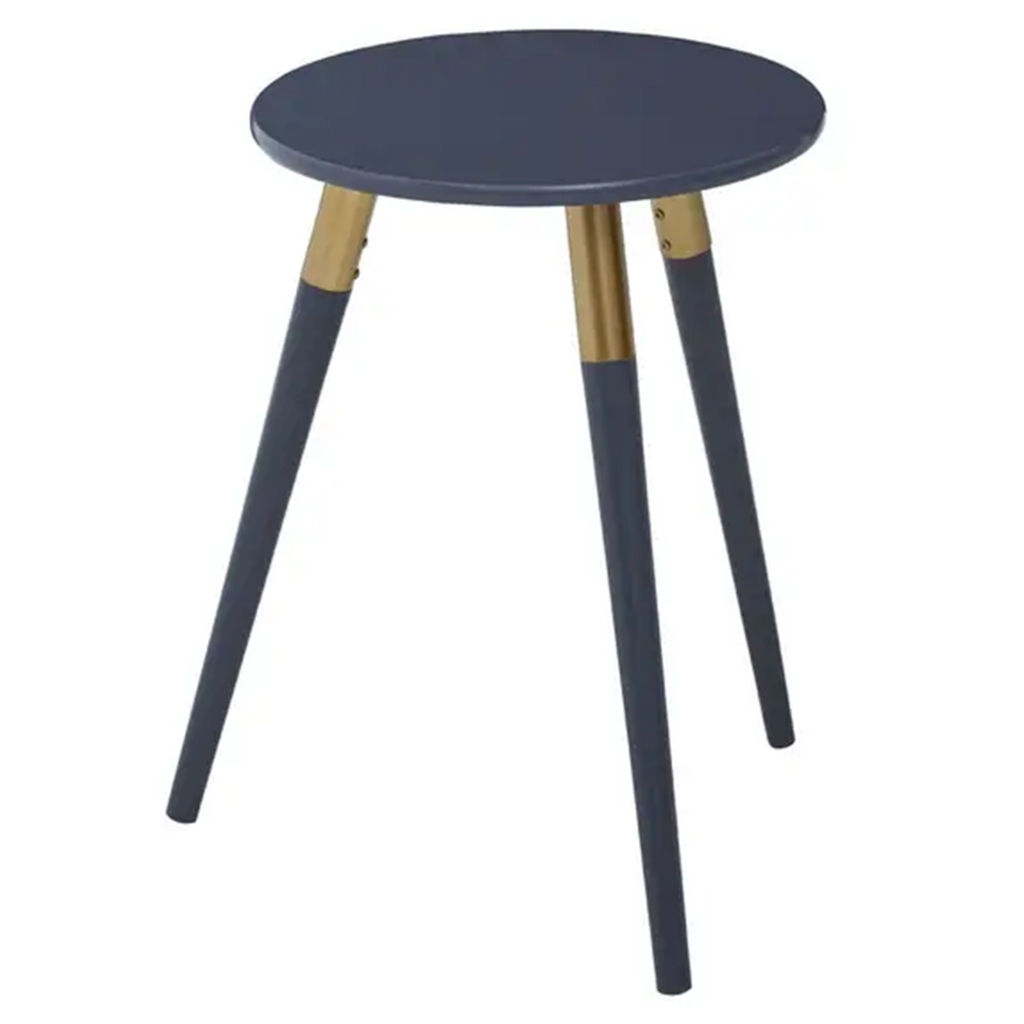 Dark Grey Round Top Wooden Side Table With Natural Wood Legs & Gold Trim, Nostra