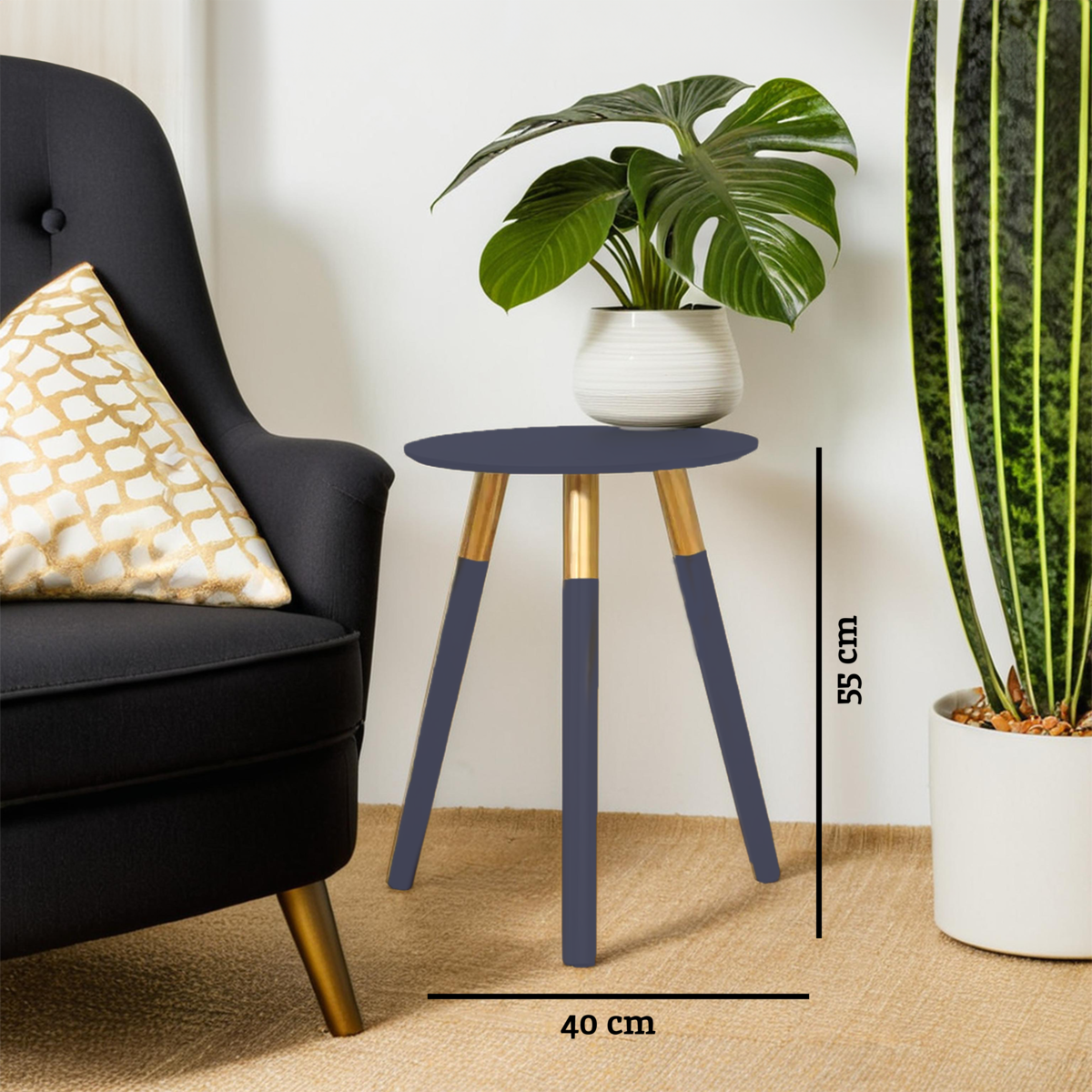 Dark Grey Round Top Wooden Side Table With Natural Wood Legs & Gold Trim, Nostra