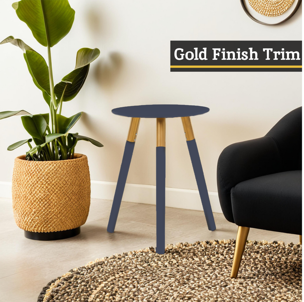 Dark Grey Round Top Wooden Side Table With Natural Wood Legs & Gold Trim, Nostra