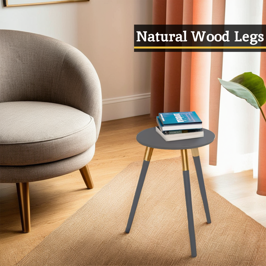 Dark Grey Round Top Wooden Side Table With Natural Wood Legs & Gold Trim, Nostra
