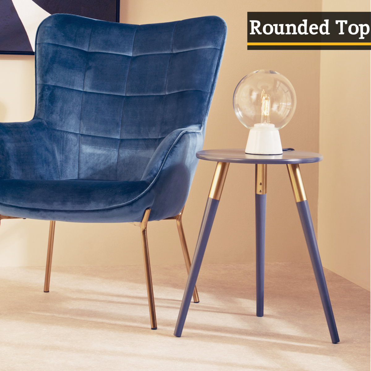 Dark Grey Round Top Wooden Side Table With Natural Wood Legs & Gold Trim, Nostra