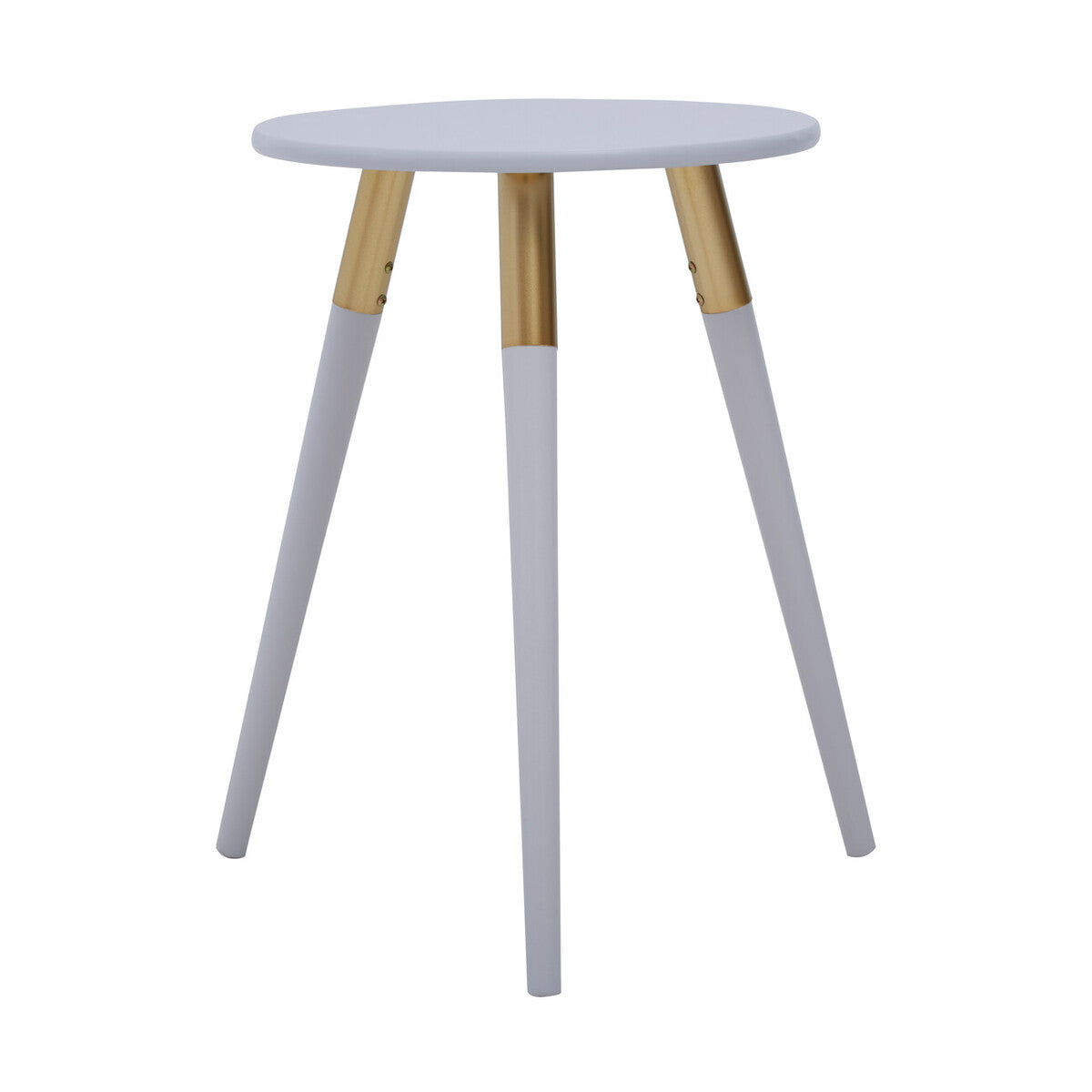 Light Grey Round Top Wooden Side Table With Natural Wood Legs & Gold Trim, Nostra