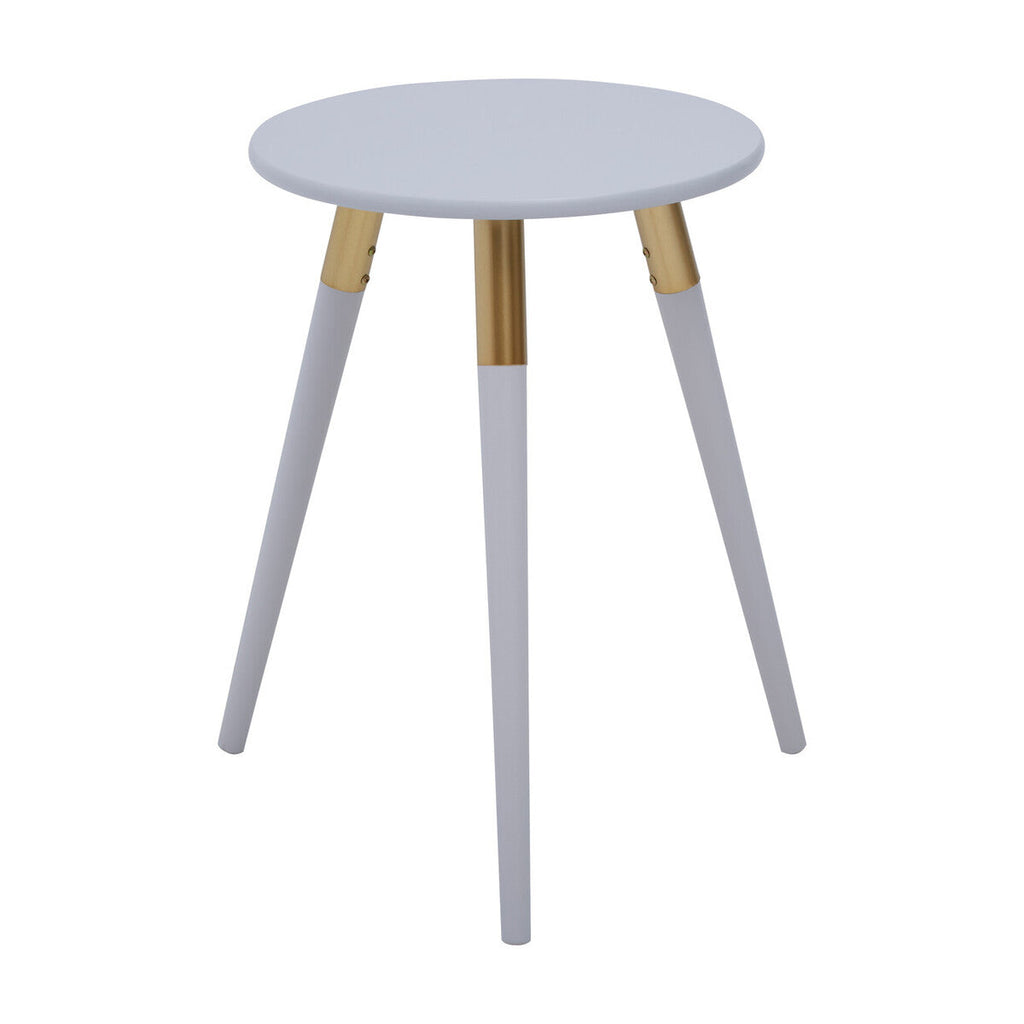 Light Grey Round Top Wooden Side Table With Natural Wood Legs & Gold Trim, Nostra