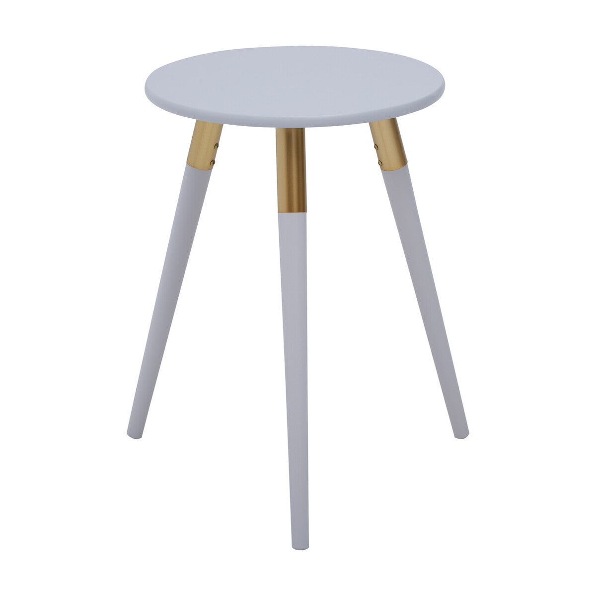 Light Grey Round Top Wooden Side Table With Natural Wood Legs & Gold Trim, Nostra
