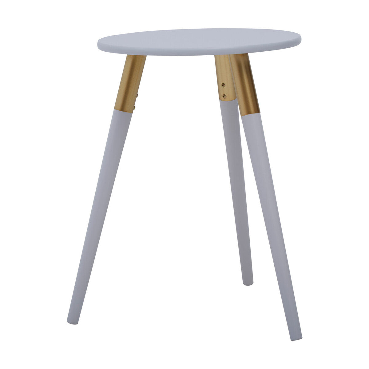 Light Grey Round Top Wooden Side Table With Natural Wood Legs & Gold Trim, Nostra