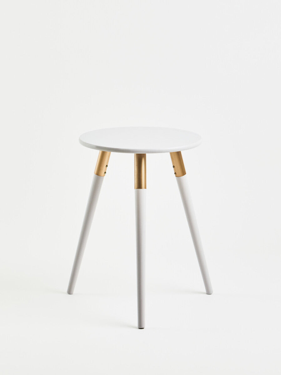 Light Grey Round Top Wooden Side Table With Natural Wood Legs & Gold Trim, Nostra