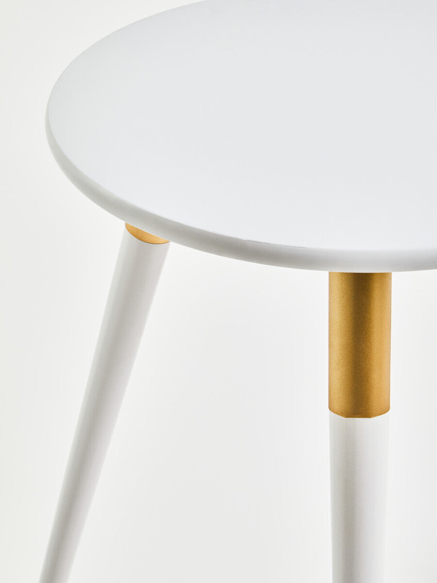 Light Grey Round Top Wooden Side Table With Natural Wood Legs & Gold Trim, Nostra