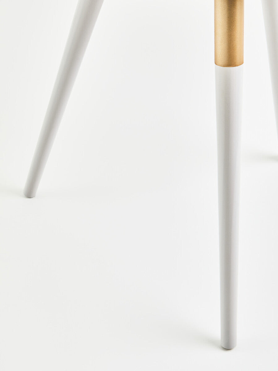 Light Grey Round Top Wooden Side Table With Natural Wood Legs & Gold Trim, Nostra