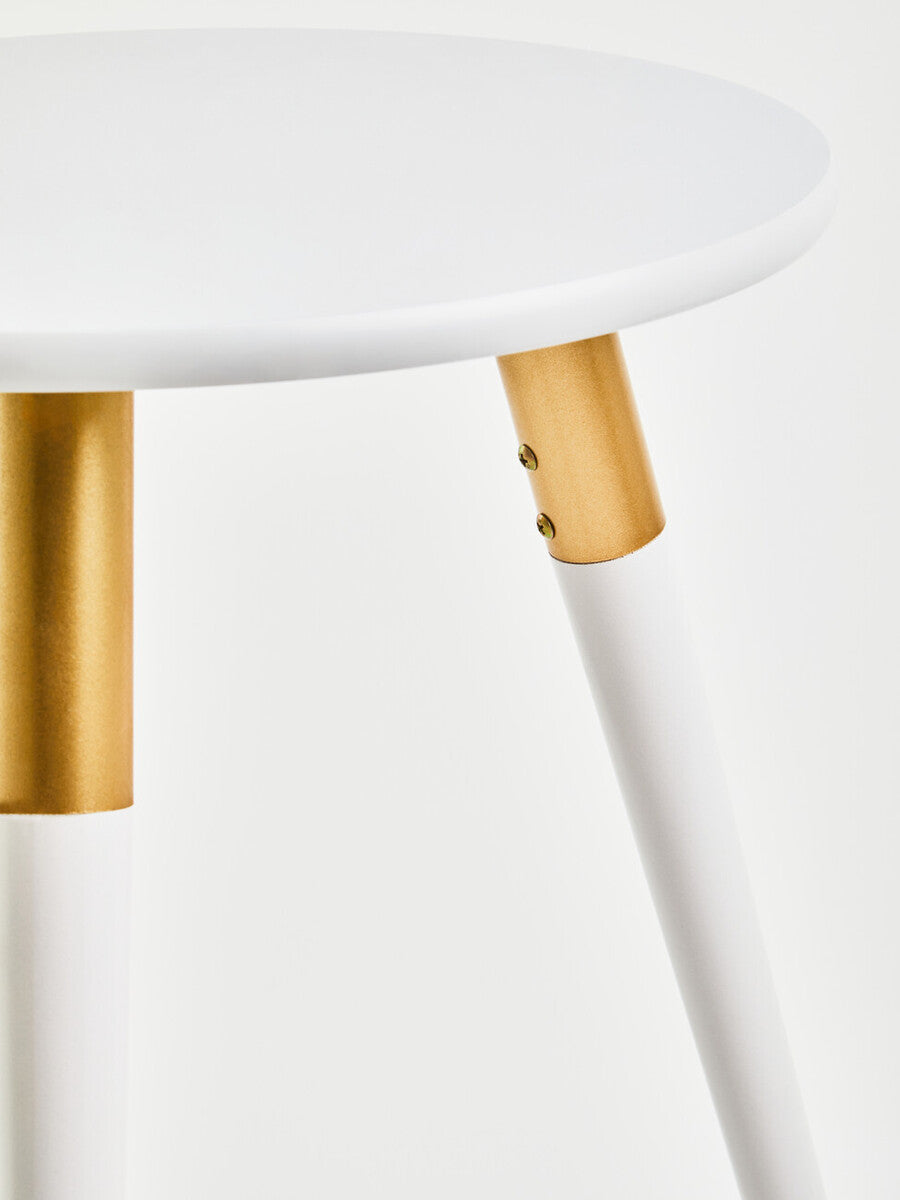 Light Grey Round Top Wooden Side Table With Natural Wood Legs & Gold Trim, Nostra