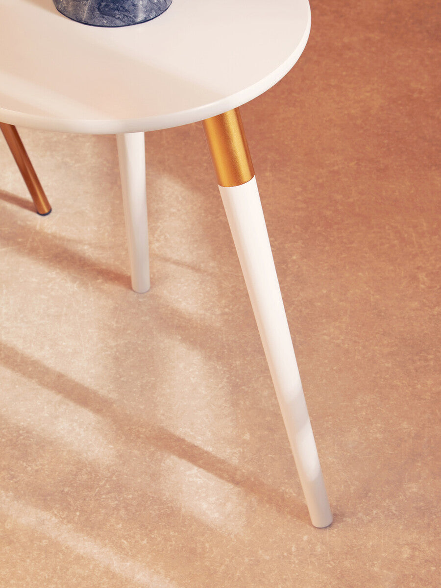 Light Grey Round Top Wooden Side Table With Natural Wood Legs & Gold Trim, Nostra