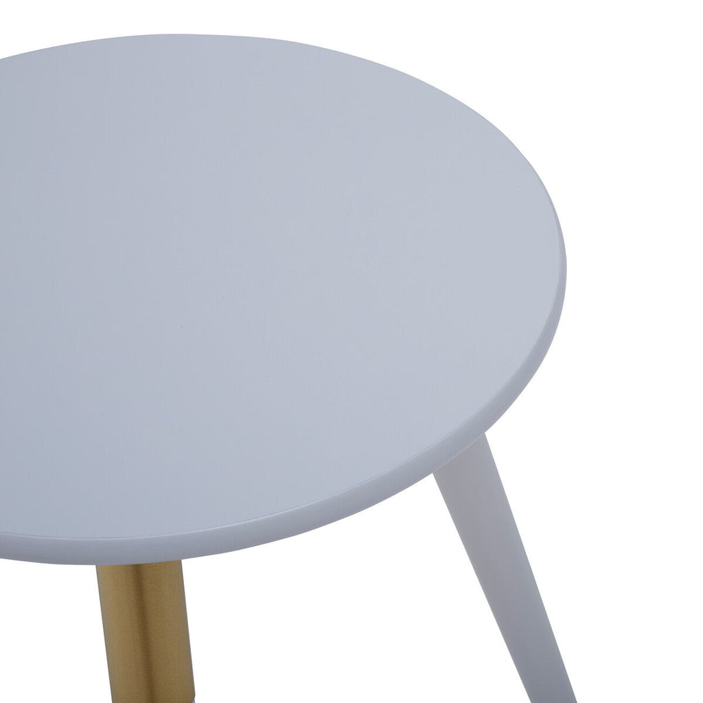 Light Grey Round Top Wooden Side Table With Natural Wood Legs & Gold Trim, Nostra