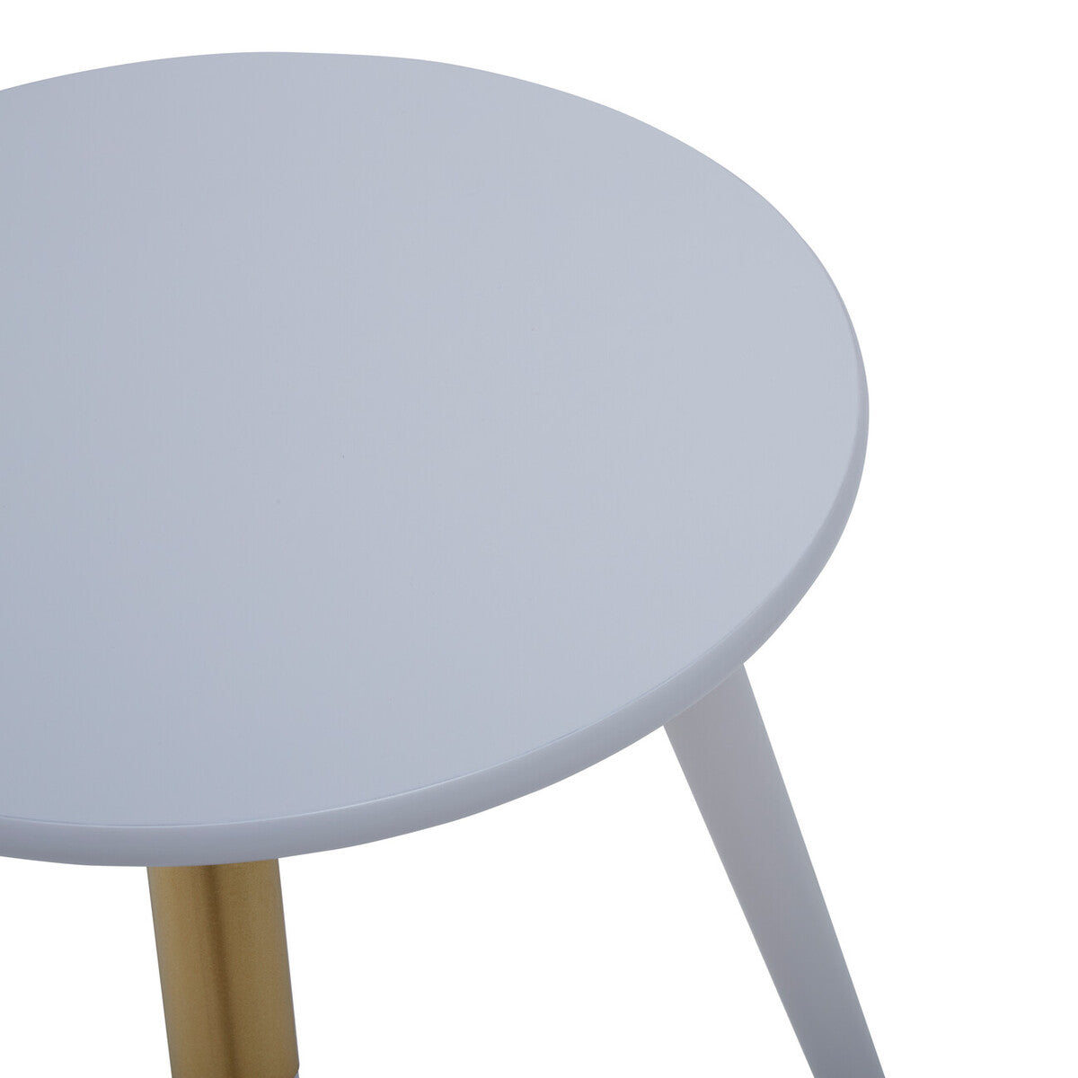 Light Grey Round Top Wooden Side Table With Natural Wood Legs & Gold Trim, Nostra