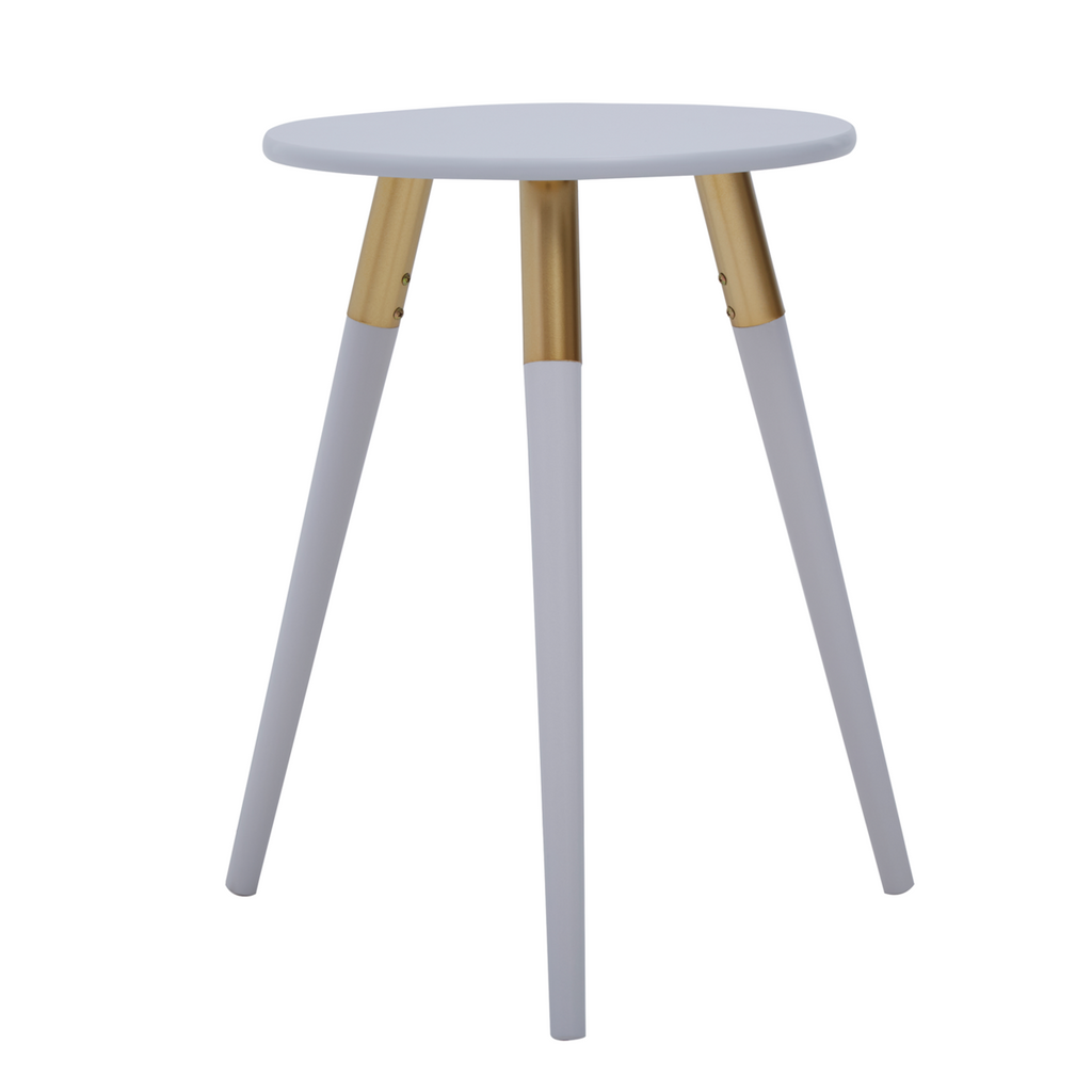 Light Grey Round Top Wooden Side Table With Natural Wood Legs & Gold Trim, Nostra